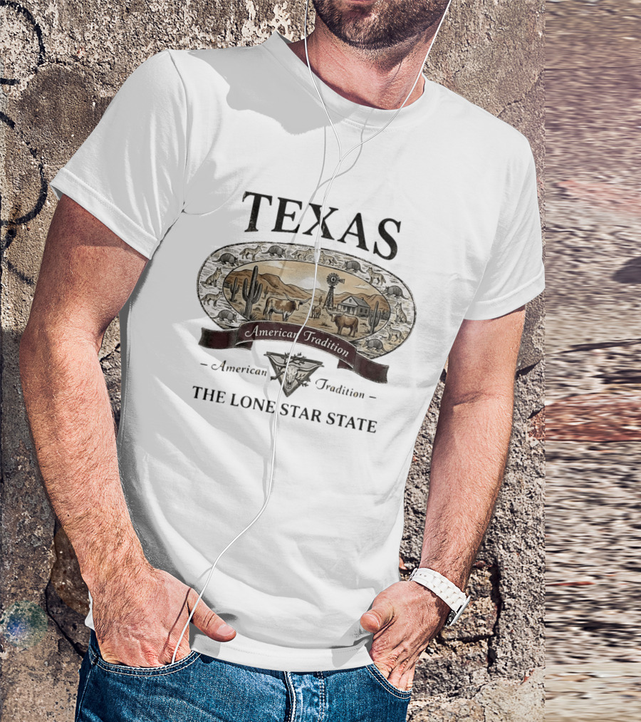 Texas American Tradition The Lone Star State Armadillo Longhorn Desert Scene T-Shirt