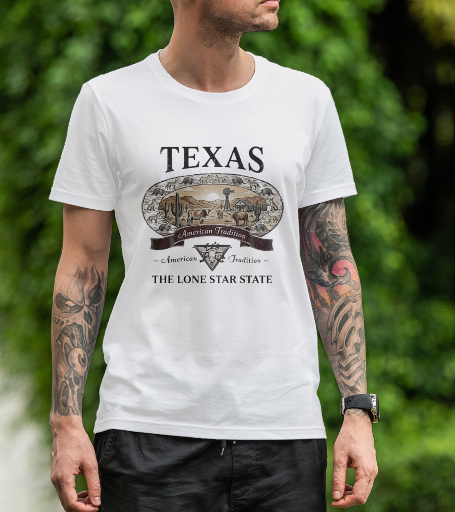 Texas American Tradition The Lone Star State Armadillo Longhorn Desert Scene T-Shirt