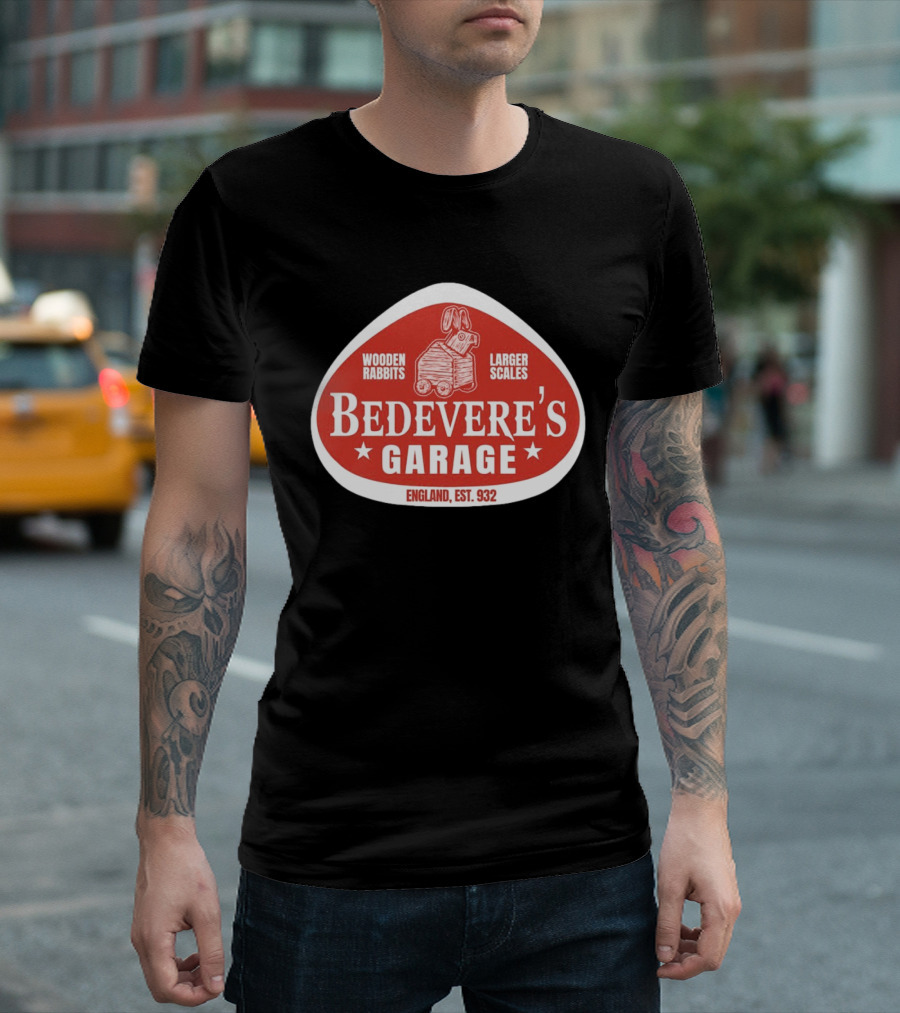 Bedevere's Garage England 932 AD Wooden Rabbits Larger Scales Monty Python T-Shirt