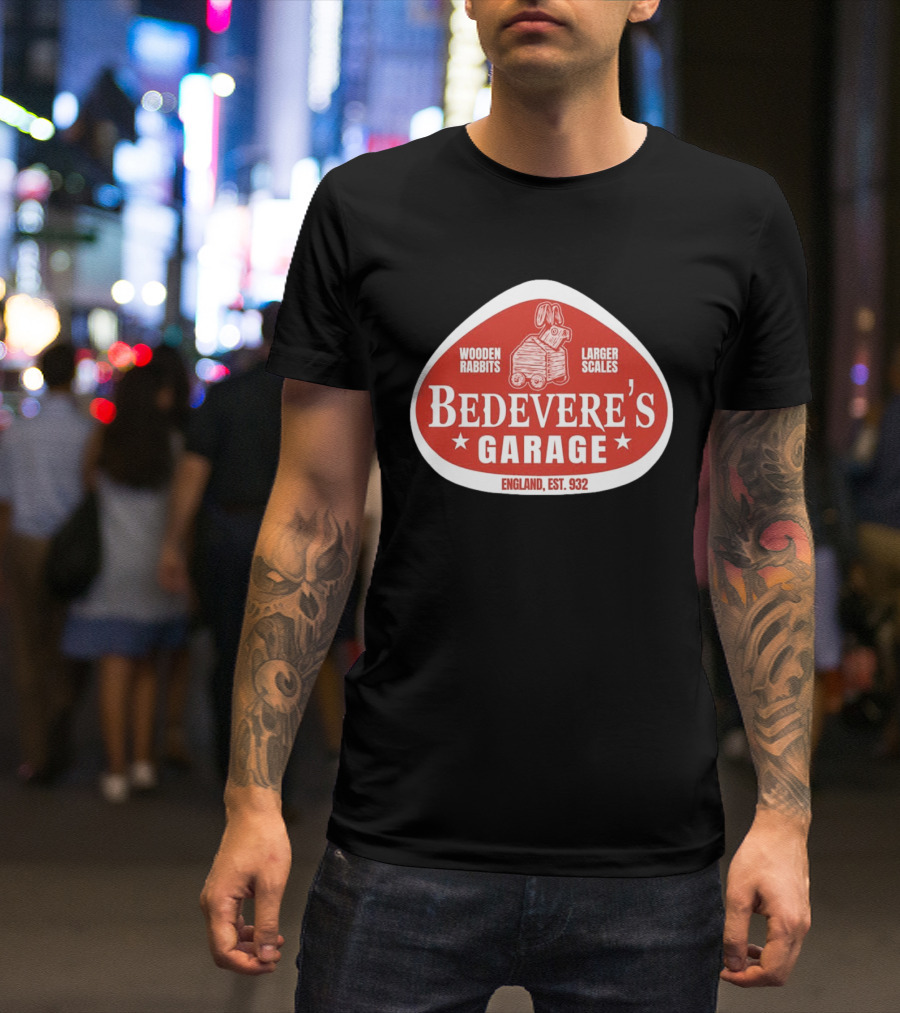 Bedevere's Garage England 932 AD Wooden Rabbits Larger Scales Monty Python T-Shirt