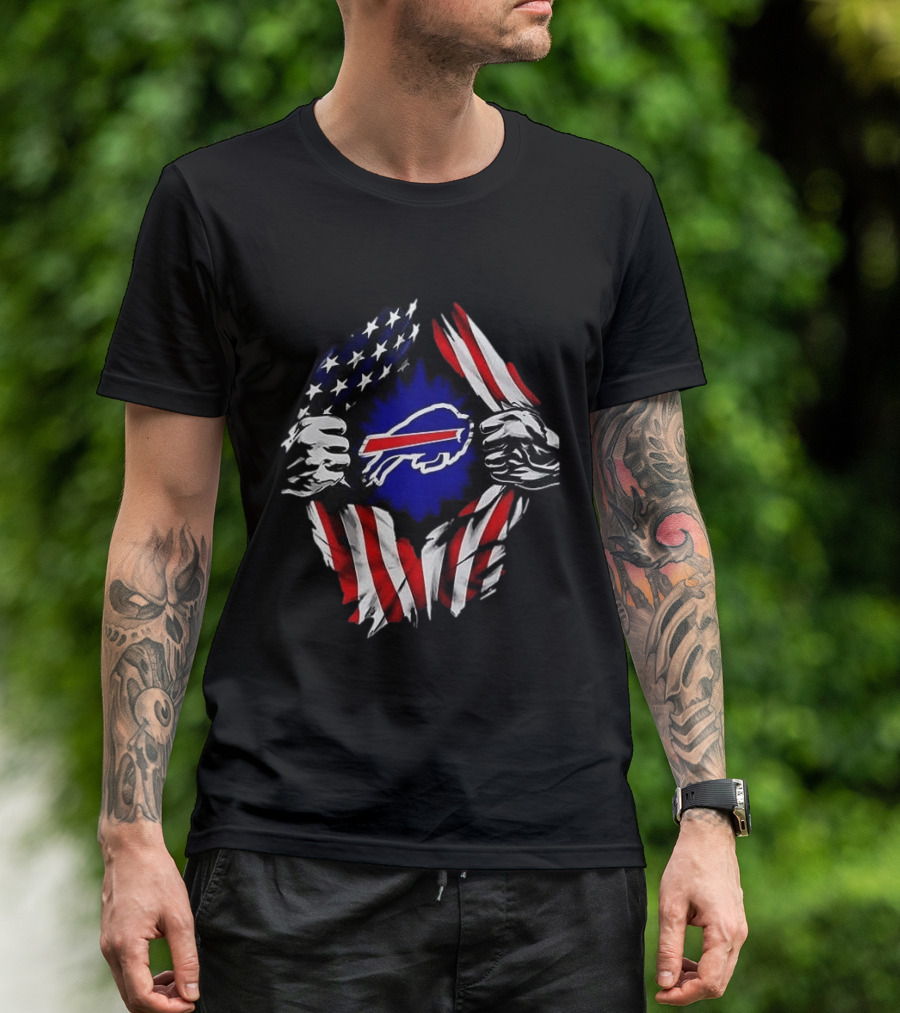 Buffalo Bills Superman Skull Cap Backwards American Flag Rip T-Shirt
