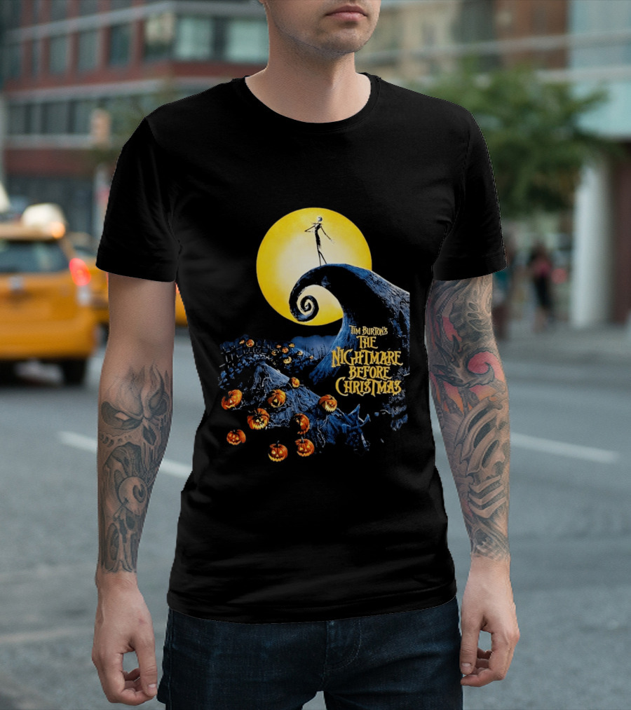 Tim Burton's The Nightmare Before Christmas Jack Skellington Moon Scene With Pumpkins T-Shirt