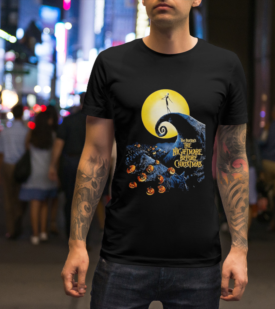 Tim Burton's The Nightmare Before Christmas Jack Skellington Moon Scene With Pumpkins T-Shirt