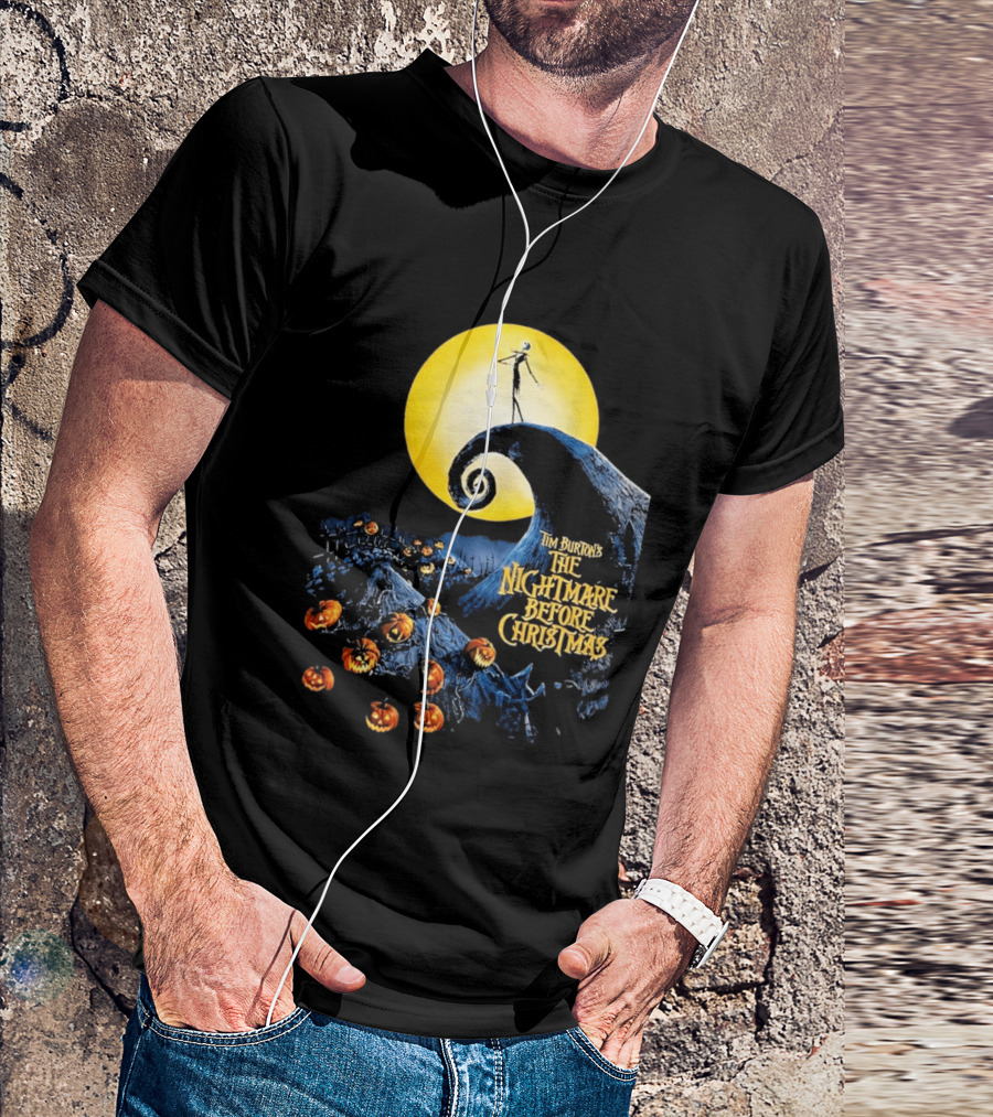 Tim Burton's The Nightmare Before Christmas Jack Skellington Moon Scene With Pumpkins T-Shirt