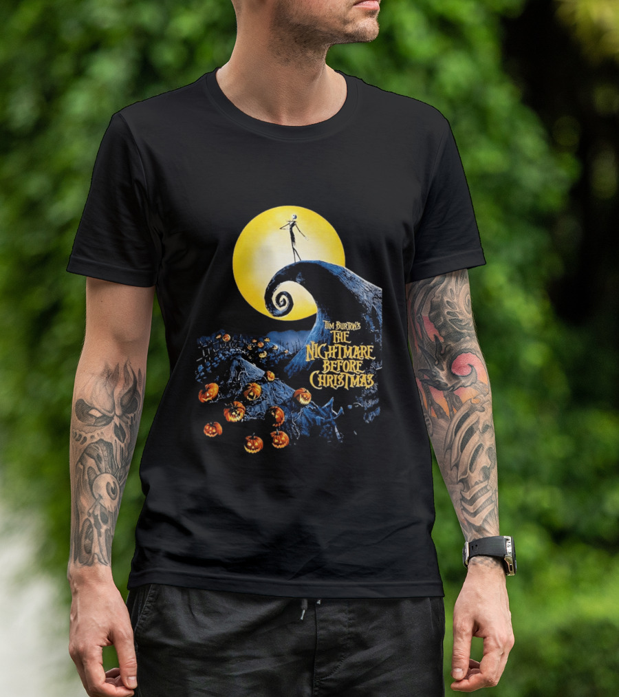Tim Burton's The Nightmare Before Christmas Jack Skellington Moon Scene With Pumpkins T-Shirt