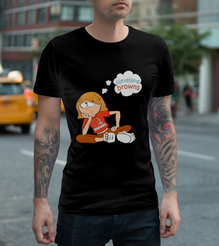 Cleveland Browns Cartoon Girl Sitting With Thought Bubble T-Shirt