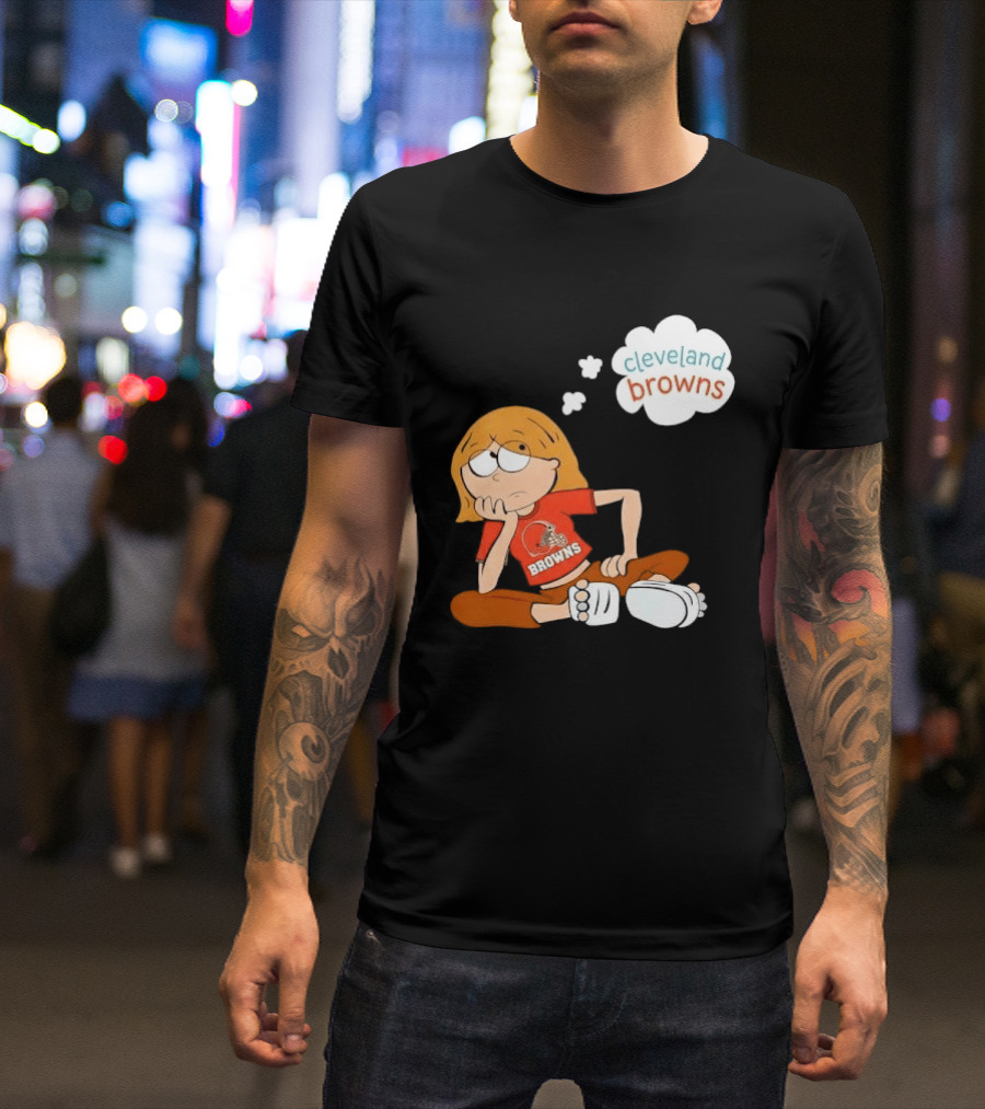 Cleveland Browns Cartoon Girl Sitting With Thought Bubble T-Shirt