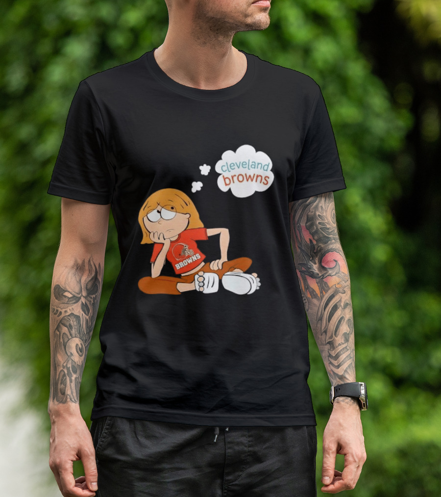 Cleveland Browns Cartoon Girl Sitting With Thought Bubble T-Shirt