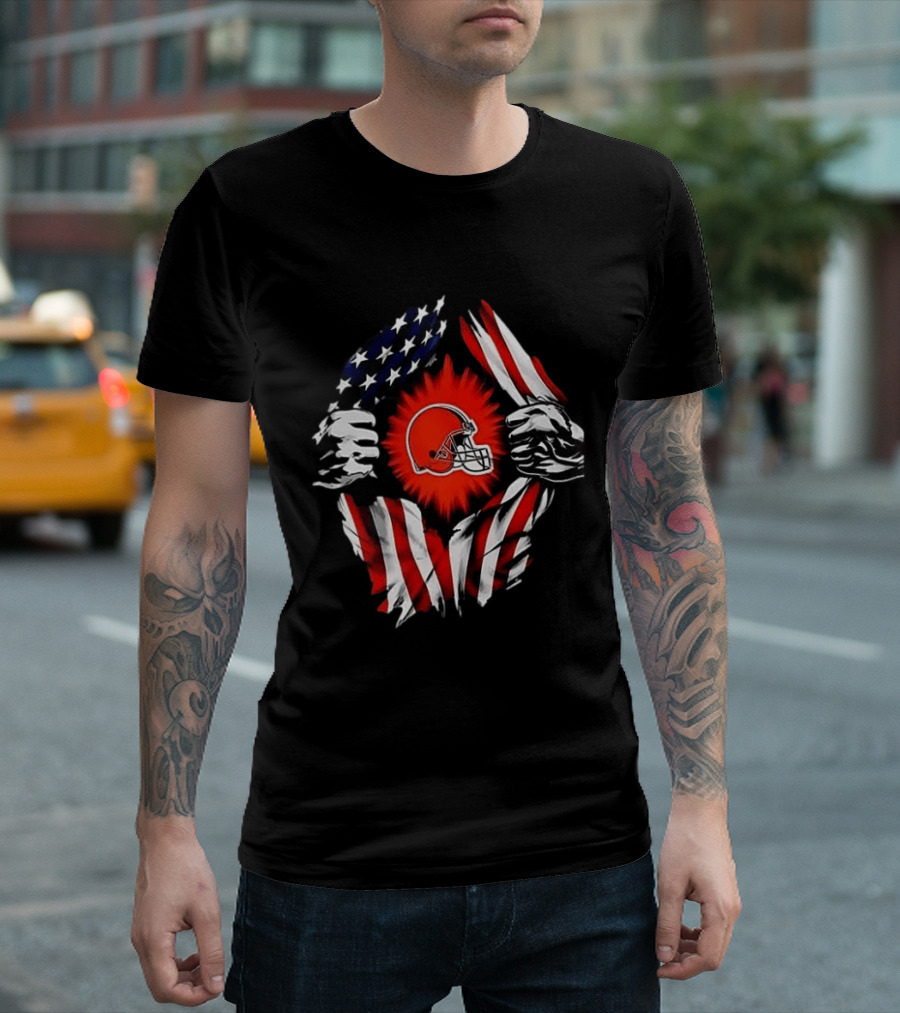 Cleveland Browns Super Man Skull Cap Backwards American Flag Ripped T-Shirt