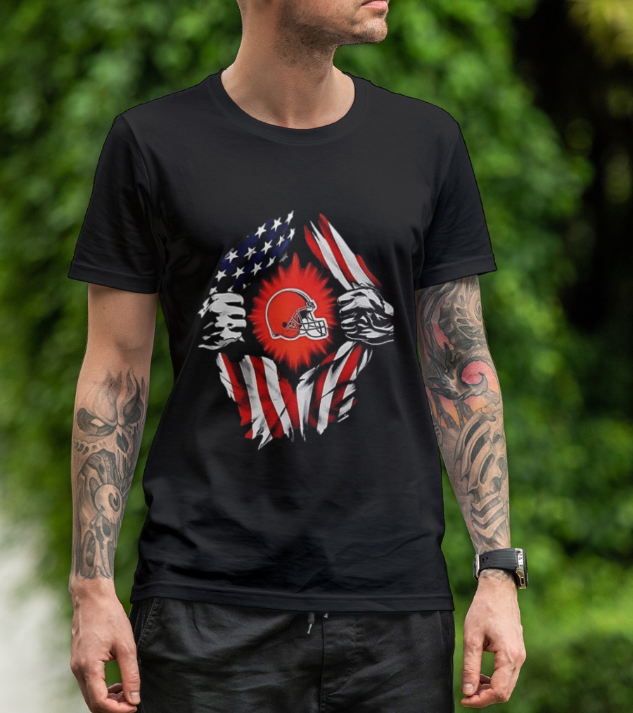 Cleveland Browns Super Man Skull Cap Backwards American Flag Ripped T-Shirt