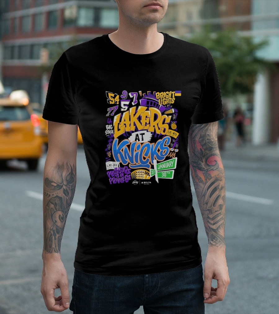 Lakers At Knicks Bright Lights New York January 27 30 2026 T-Shirt