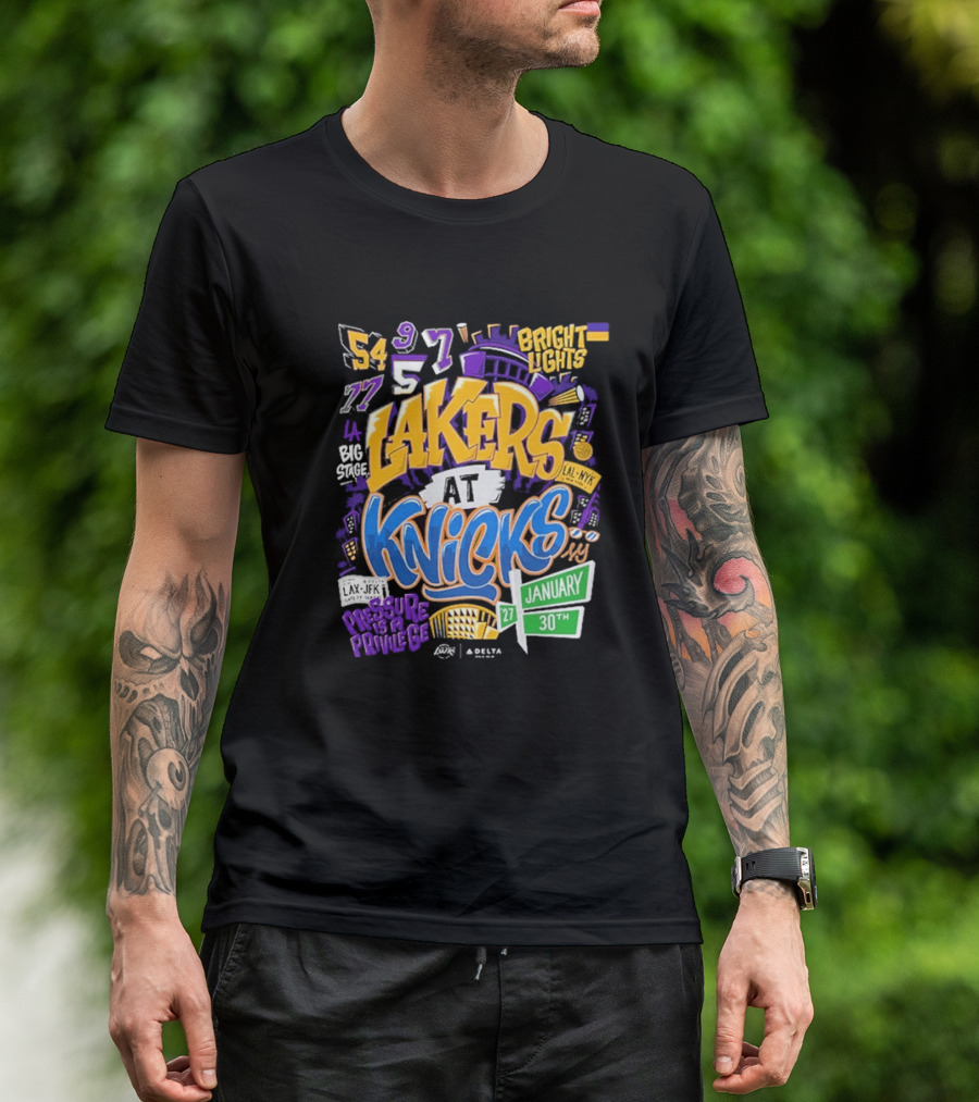 Lakers At Knicks Bright Lights New York January 27 30 2026 T-Shirt