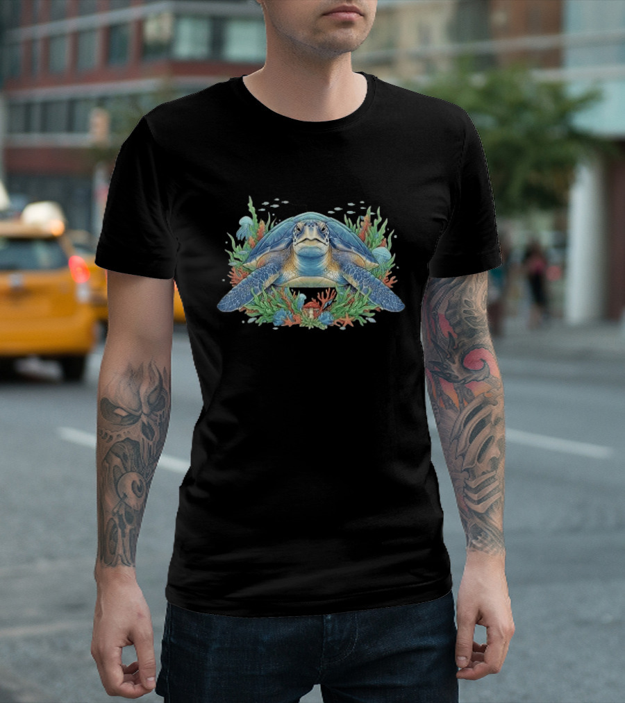 Sea Turtle With Coral Reef Red Mushroom And Starfish Underwater Scene T-Shirt