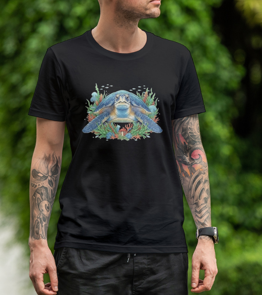 Sea Turtle With Coral Reef Red Mushroom And Starfish Underwater Scene T-Shirt