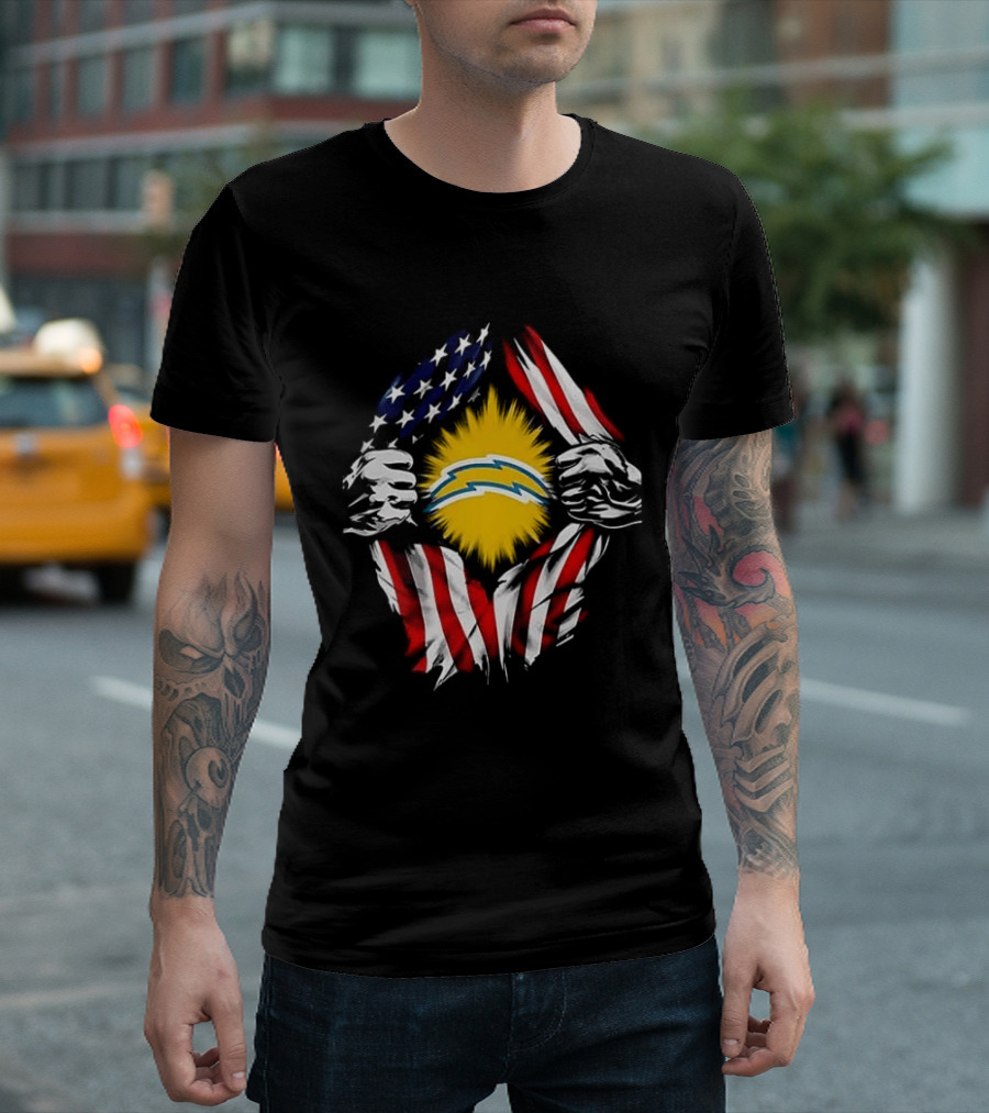 Los Angeles Chargers Superman Skull Cap Backwards USA Flag Power T-Shirt