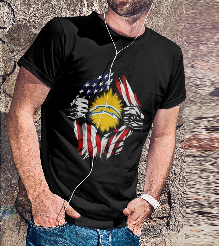 Los Angeles Chargers Superman Skull Cap Backwards USA Flag Power T-Shirt