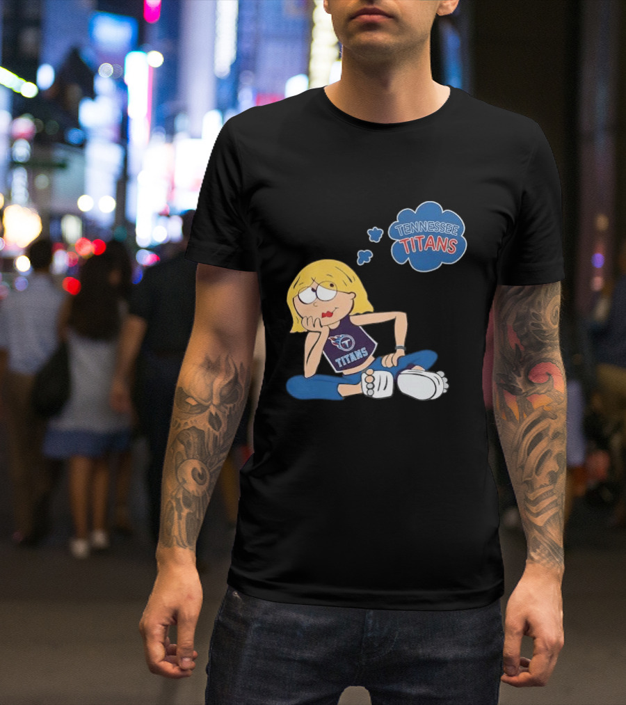 Tennessee Titans Blonde Cartoon Girl Sitting Thinking Thought Bubble Titans T-Shirt