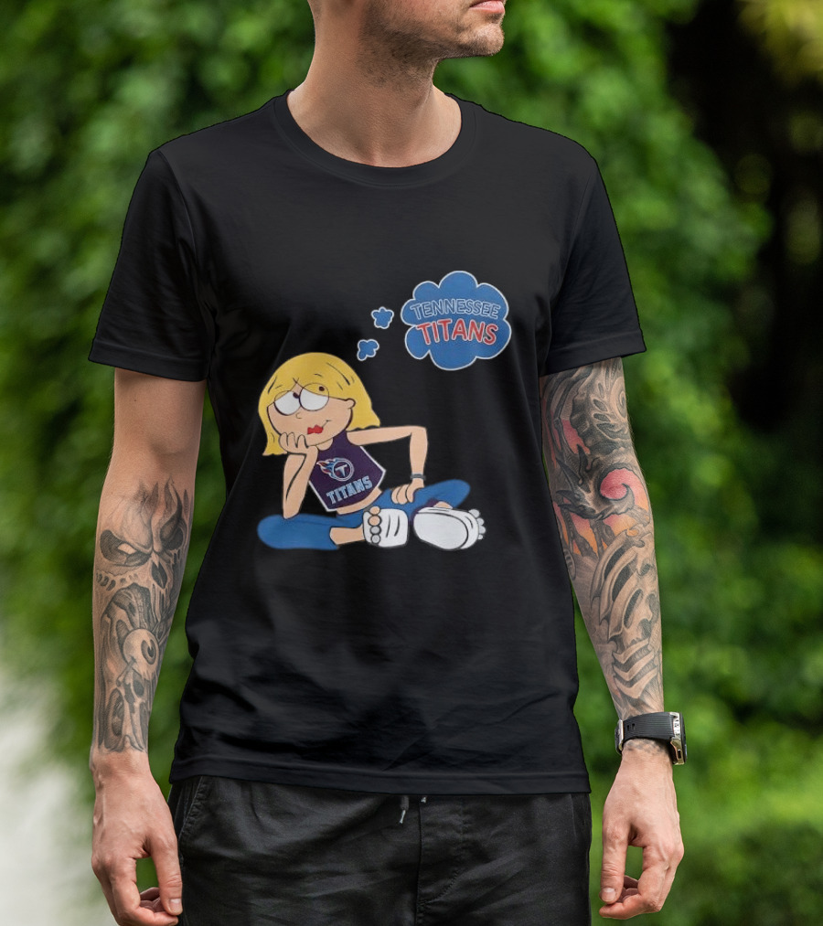 Tennessee Titans Blonde Cartoon Girl Sitting Thinking Thought Bubble Titans T-Shirt