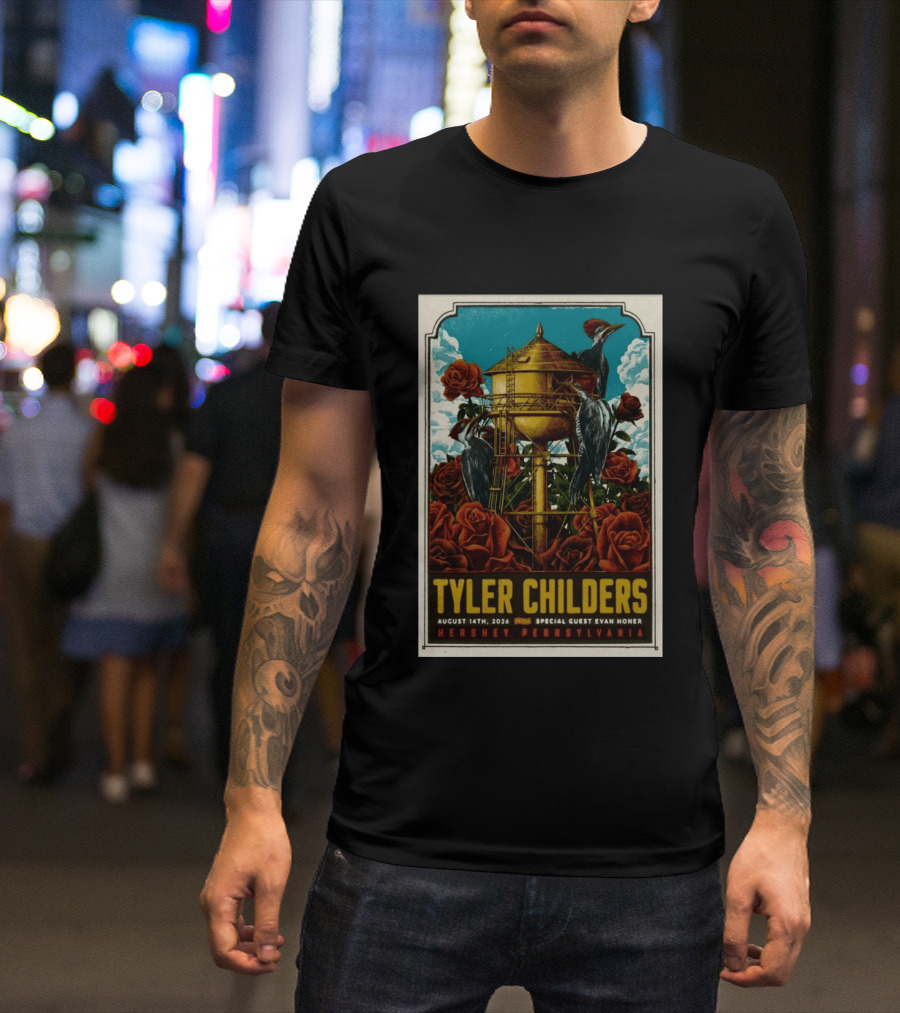 Tyler Childers August 14 2026 Hershey PA Water Tower Woodpeckers Roses T-Shirt