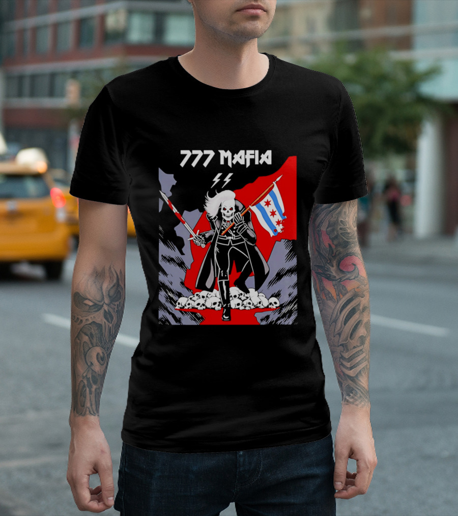 777 Mafia Chicago Flag Skeleton Skull T-Shirt