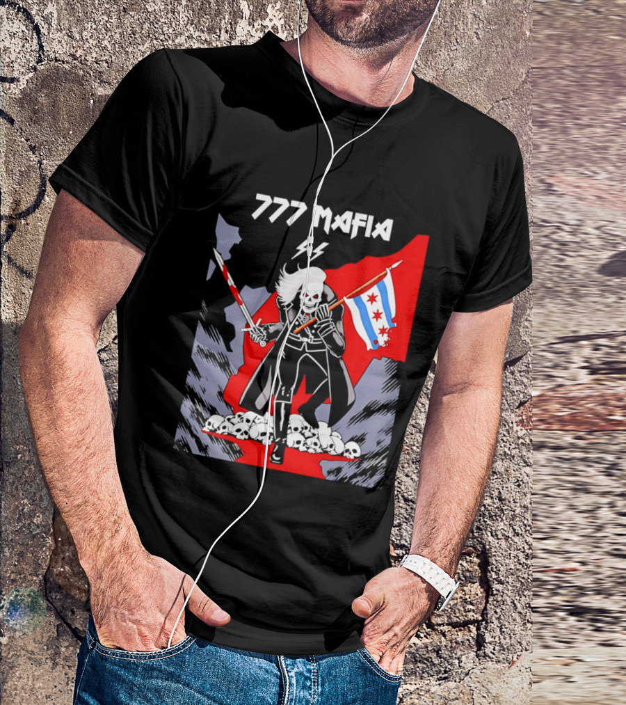 777 Mafia Chicago Flag Skeleton Skull T-Shirt