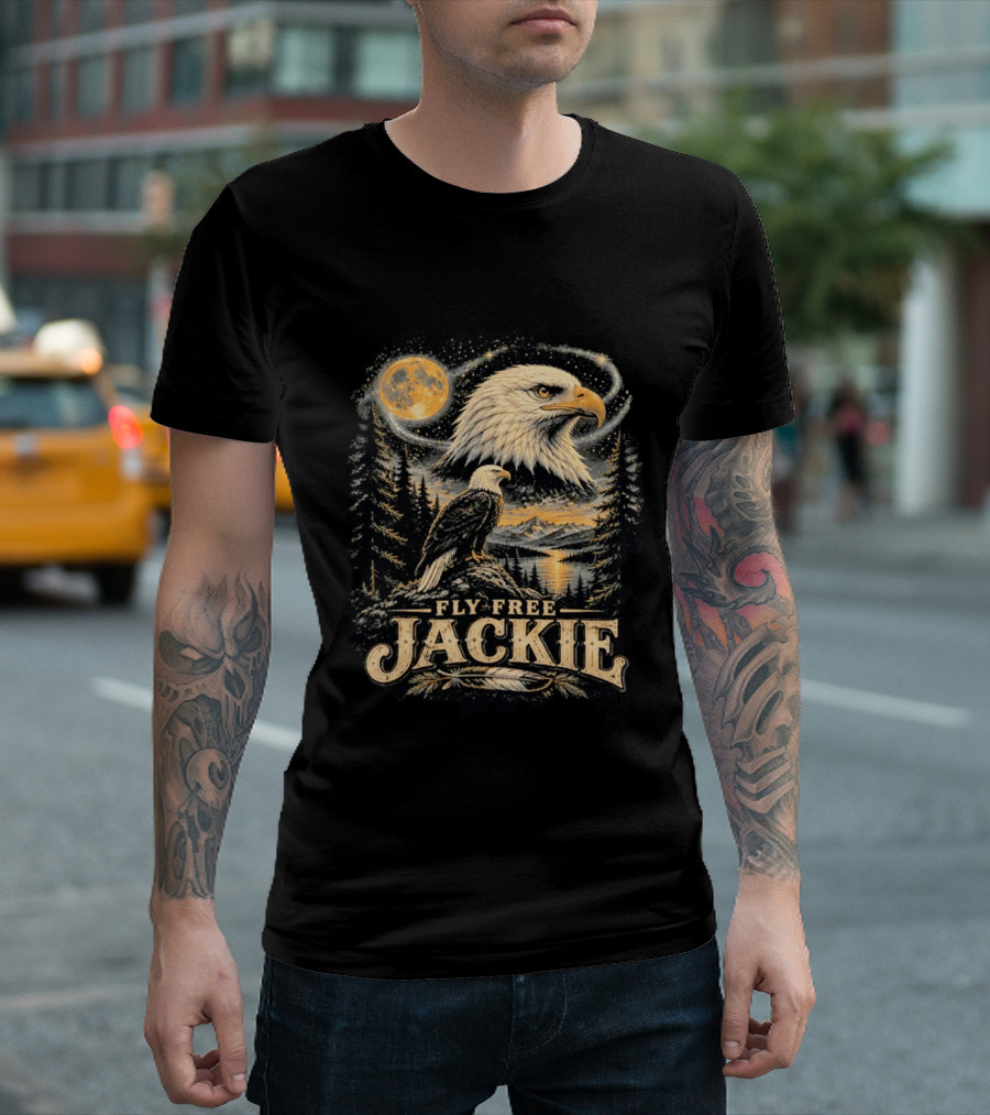 Fly Free Jackie Bald Eagle Scenic Tribute Moonlit Forest Landscape T-Shirt