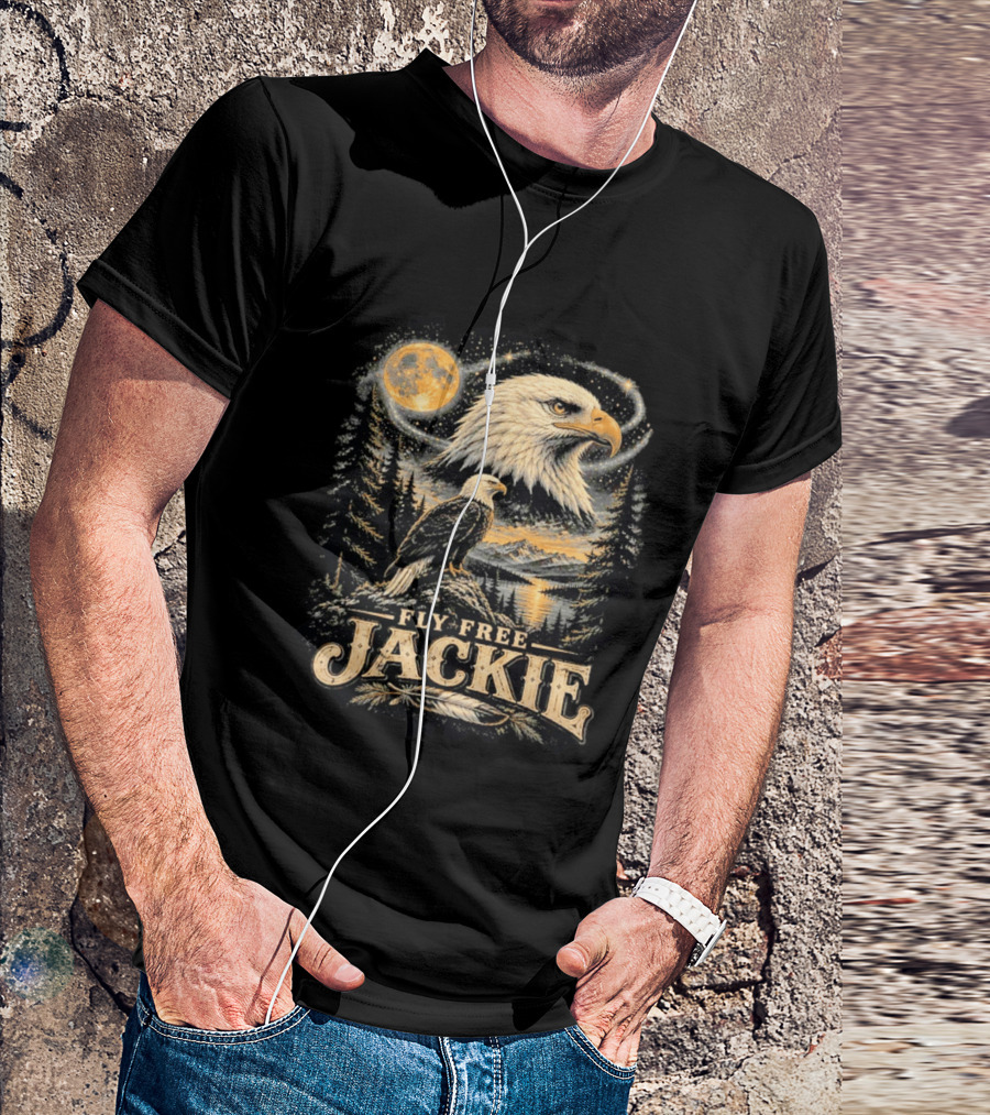 Fly Free Jackie Bald Eagle Scenic Tribute Moonlit Forest Landscape T-Shirt