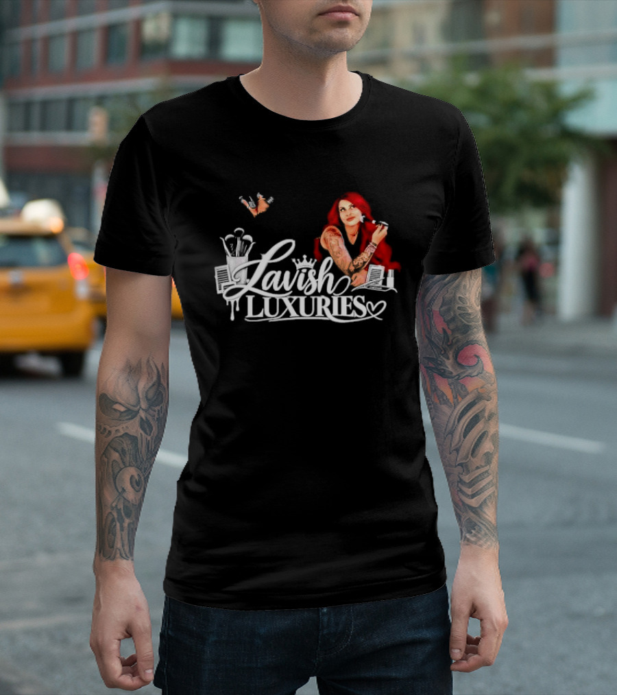 Lavish Luxuries Tattooed Red Hair Woman Makeup Brushes Lash Trays T-Shirt