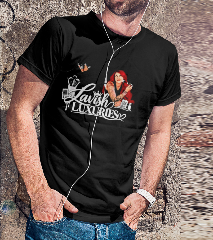 Lavish Luxuries Tattooed Red Hair Woman Makeup Brushes Lash Trays T-Shirt