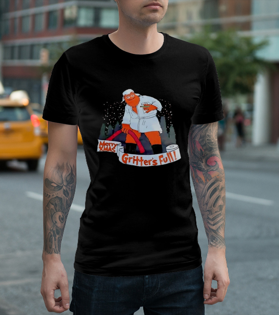 Merry Xmas Gritters Full Cartoon Orange Bathrobe Holding Hose T-Shirt