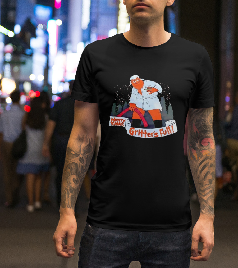 Merry Xmas Gritters Full Cartoon Orange Bathrobe Holding Hose T-Shirt