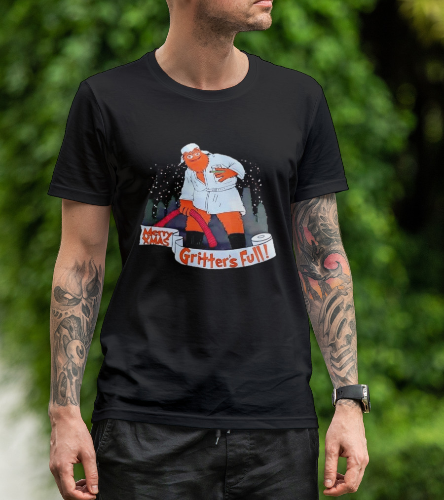 Merry Xmas Gritters Full Cartoon Orange Bathrobe Holding Hose T-Shirt