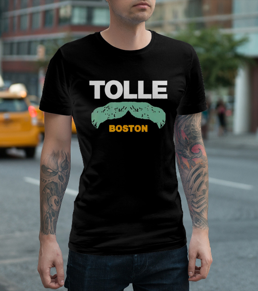 Tolle Boston White And Yellow Distressed Green Mustache T-Shirt