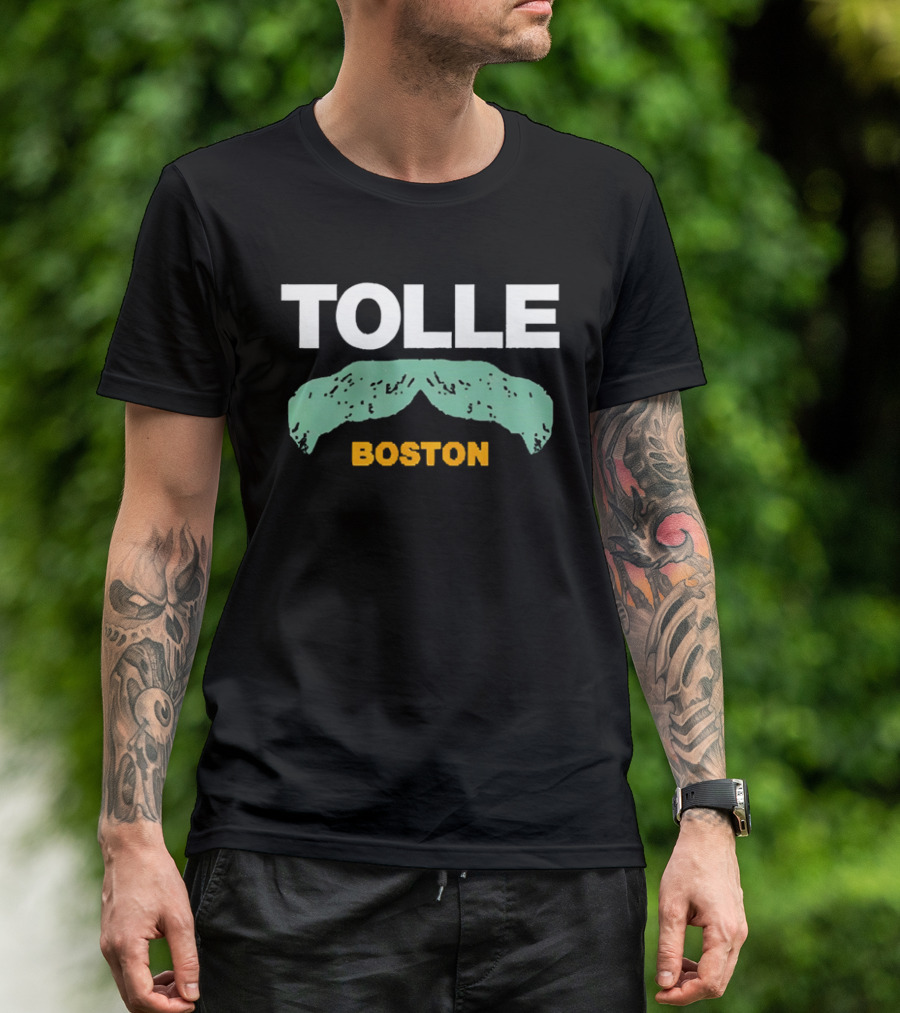 Tolle Boston White And Yellow Distressed Green Mustache T-Shirt