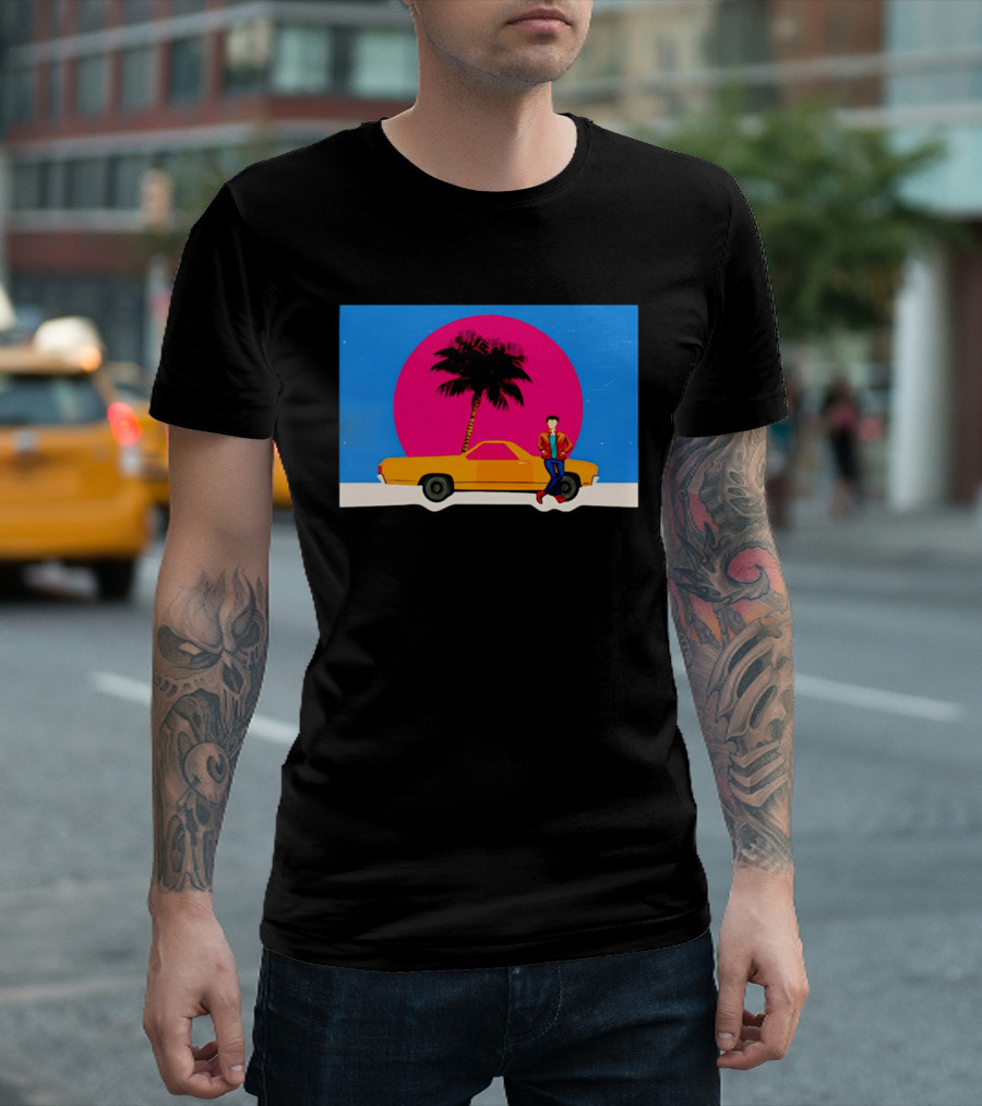 Yellow Car Palm Tree Retro Sunset Aesthetic T-Shirt