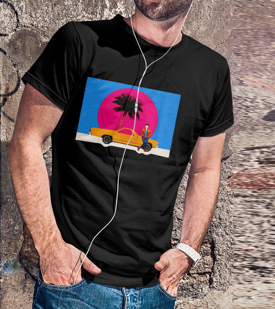 Yellow Car Palm Tree Retro Sunset Aesthetic T-Shirt