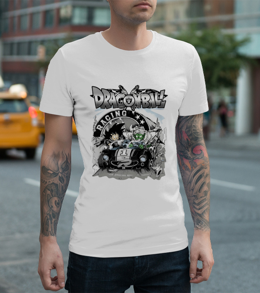 Las Vegas Raiders Dragon Ball Racing Goku Piccolo Driving Black Car Cartoon Raiders NFL T-Shirt