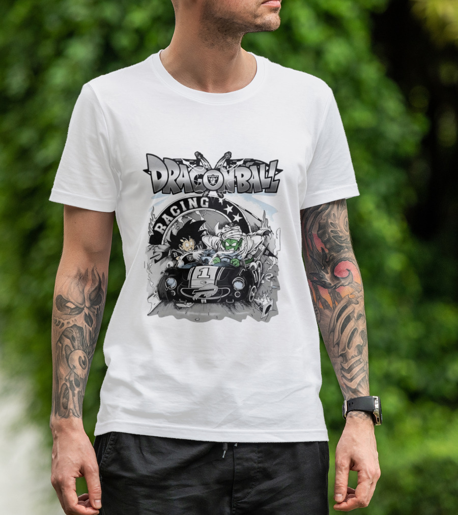 Las Vegas Raiders Dragon Ball Racing Goku Piccolo Driving Black Car Cartoon Raiders NFL T-Shirt