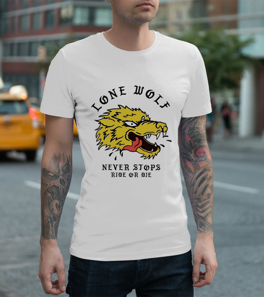 Lone Wolf Never Stops Ride Or Die Fierce Yellow Wolf Head T-Shirt