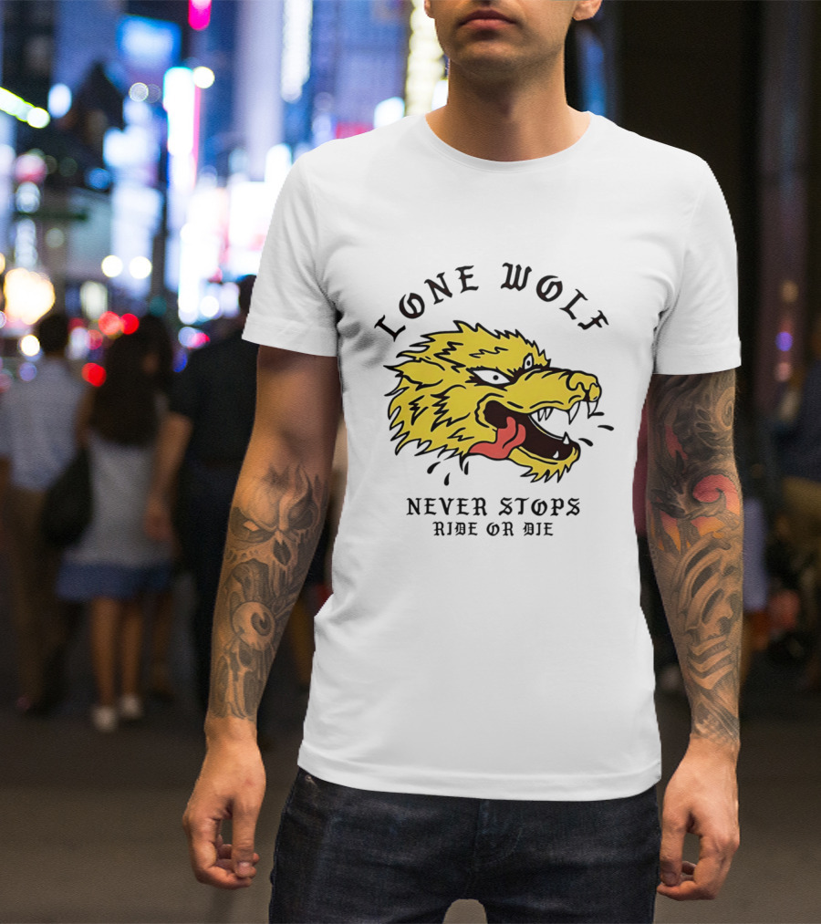 Lone Wolf Never Stops Ride Or Die Fierce Yellow Wolf Head T-Shirt