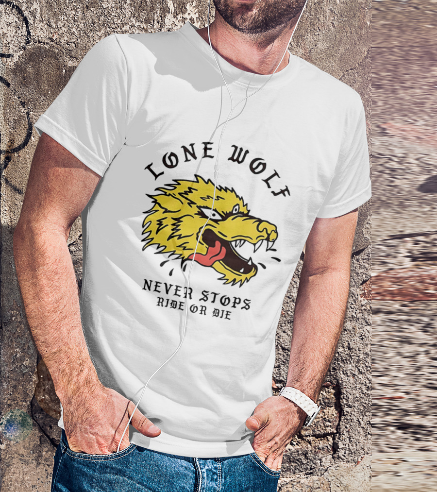 Lone Wolf Never Stops Ride Or Die Fierce Yellow Wolf Head T-Shirt