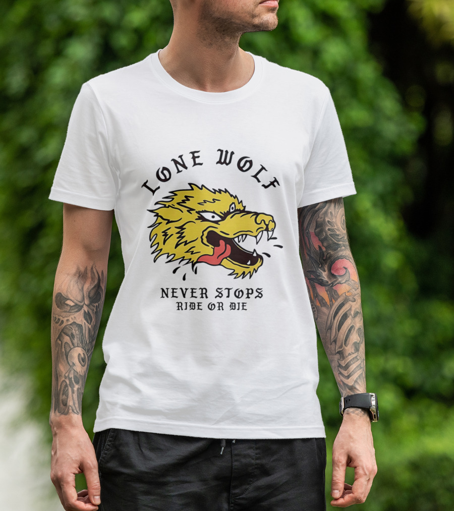 Lone Wolf Never Stops Ride Or Die Fierce Yellow Wolf Head T-Shirt
