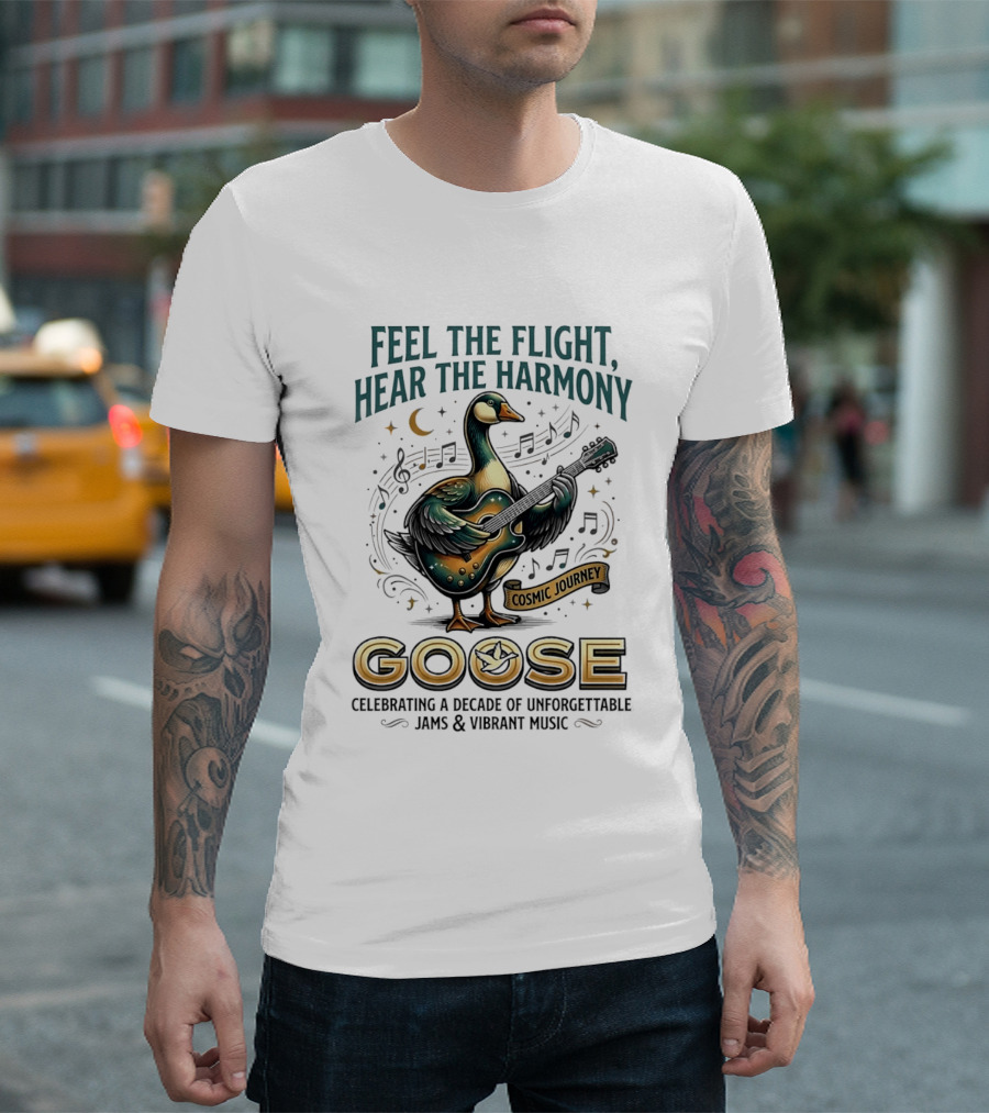 Goose Feel The Flight Hear The Harmony Cosmic Journey Celebrating A Decade Of Unforgettable Jams And Vibrant Music Moon Guitar Notes T-Shirt