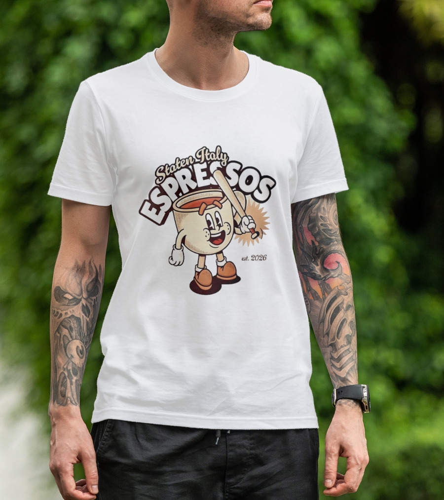 Staten Italy Espressos Est 2026 Cartoon Coffee Cup With Baseball Bat T-Shirt