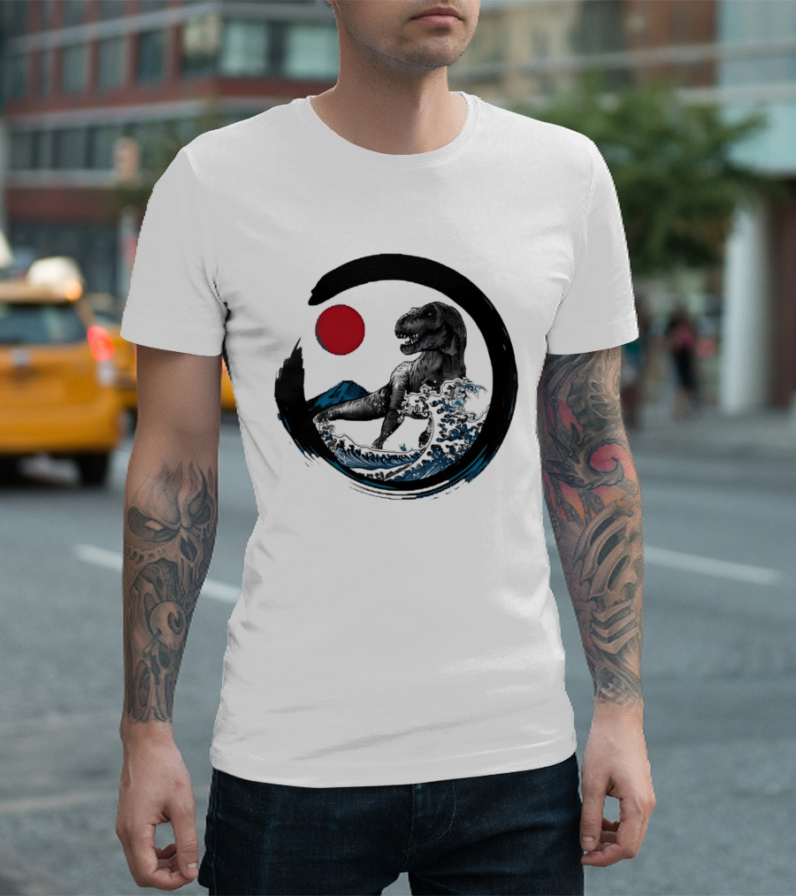 Tyrannosaurus Rex Riding Great Wave With Mount Fuji Enso And Red Sun T-Shirt