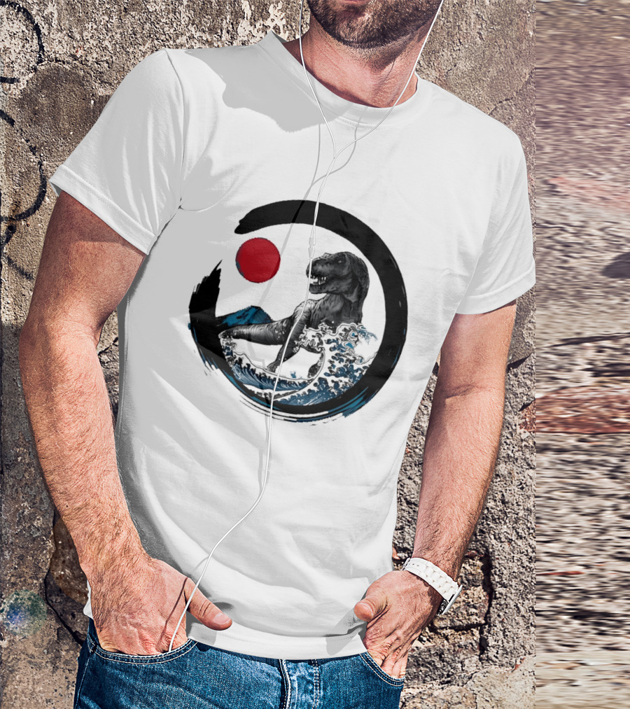 Tyrannosaurus Rex Riding Great Wave With Mount Fuji Enso And Red Sun T-Shirt
