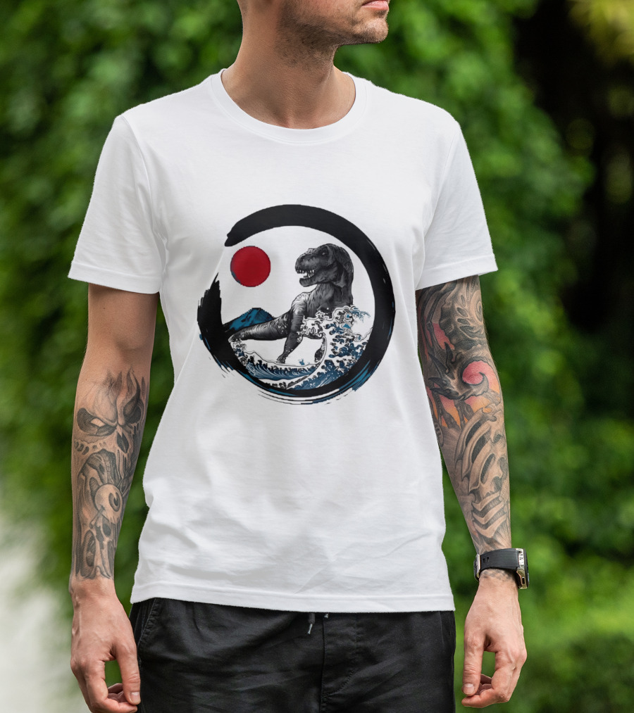 Tyrannosaurus Rex Riding Great Wave With Mount Fuji Enso And Red Sun T-Shirt