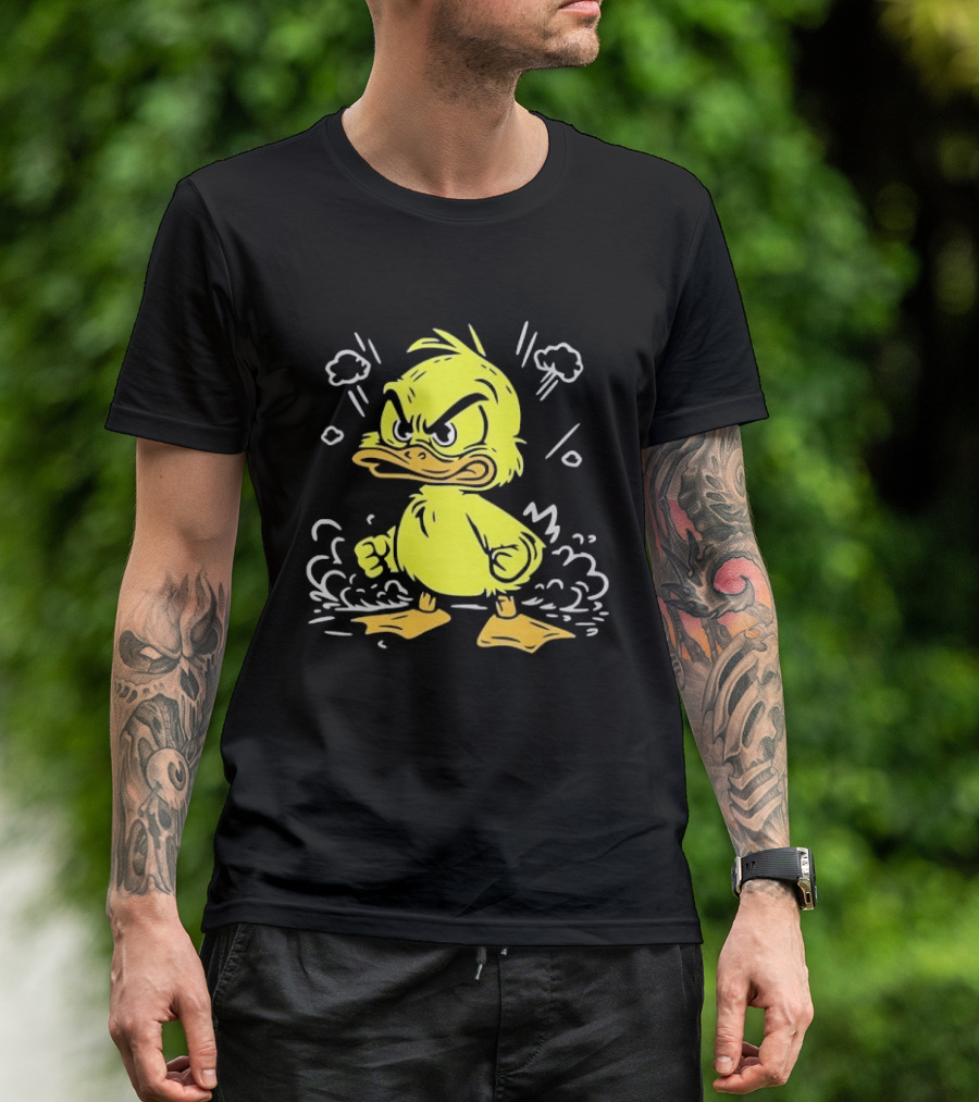 Angry Yellow Duckling Clenched Fists Smoke Clouds Cartoon Line T-Shirt