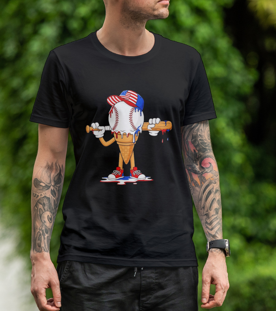 Patriotic Ice Cream Baseball Cone USA Flag Cap And Bat T-Shirt