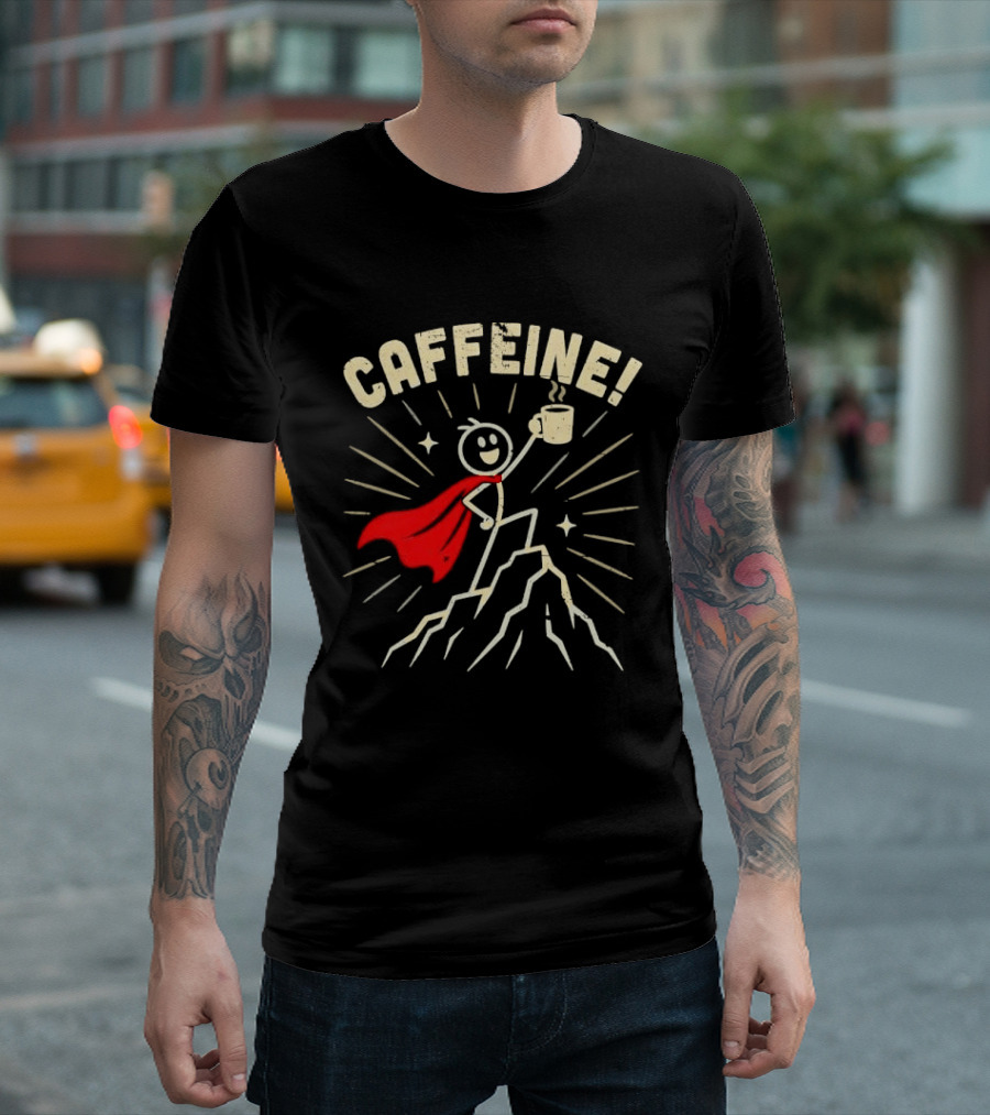 Caffeine Distressed Stick Figure Superhero Holding Coffee On Mountain Peak T-Shirt